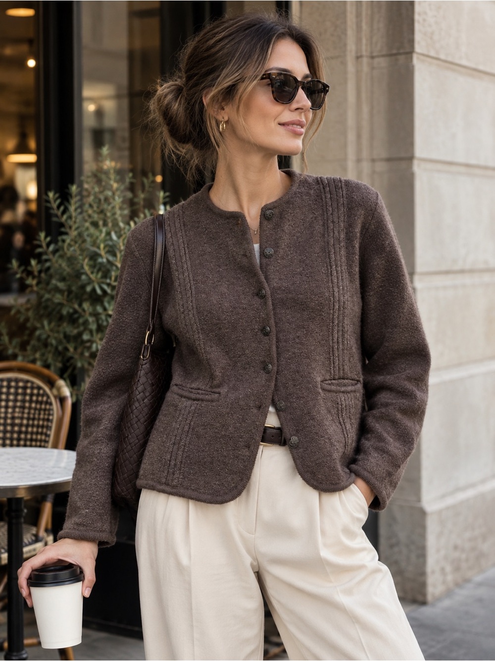 GADDY SPORT 100% Wool Brown Cardigan Vintage Cable Knit L